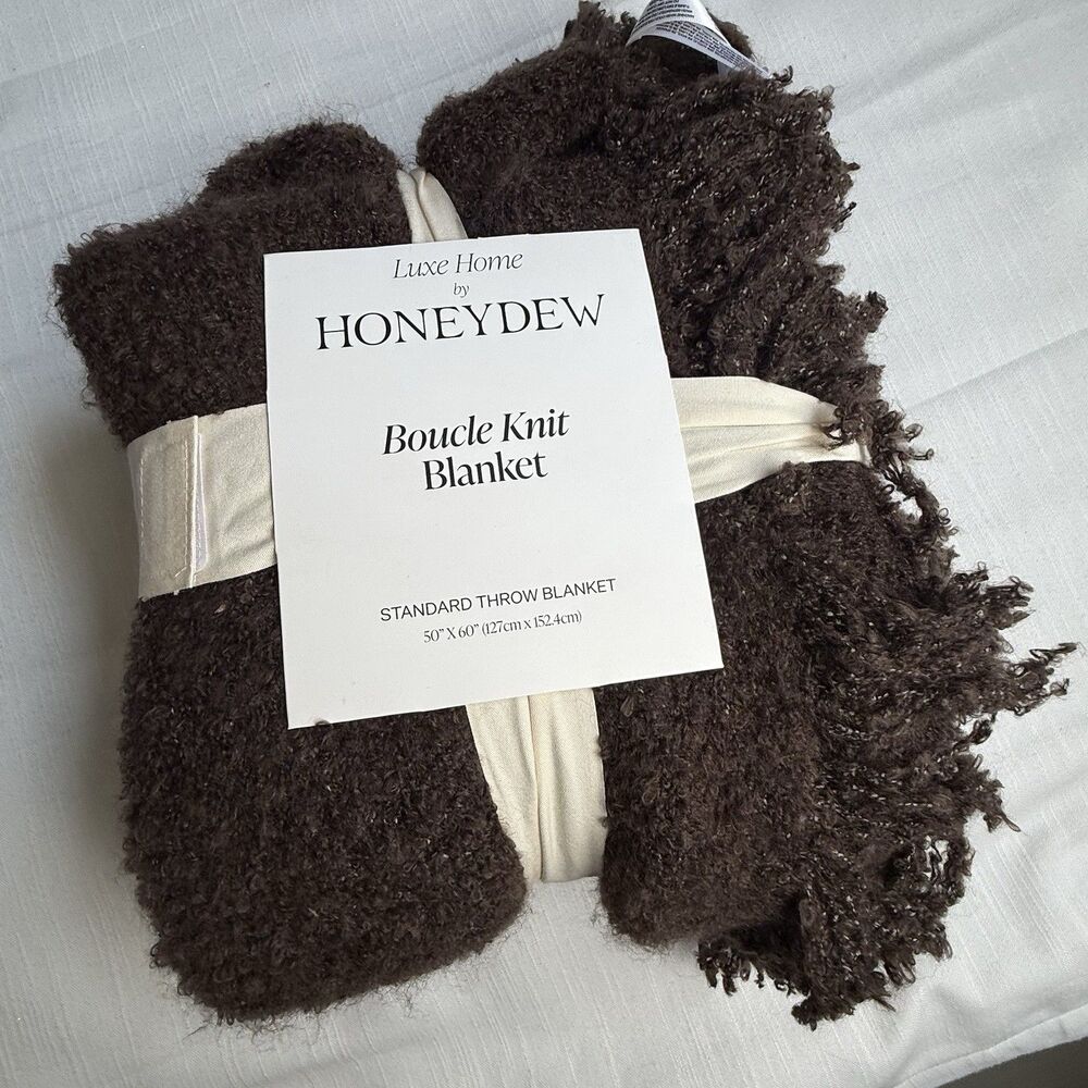 Luxe Home By Honeydew Boucle Knit Throw Fringe Blanket Chocolate 50”x60 New
